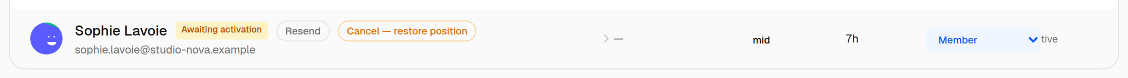 A person invited to a position: “Pending” badge, Resend button — no seat is used before their first login.