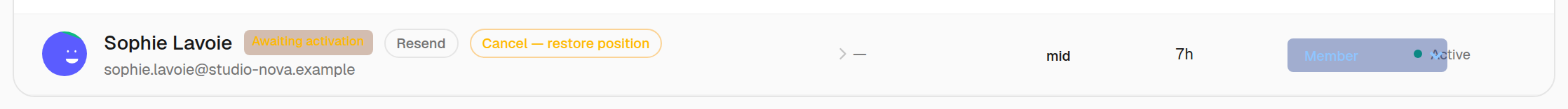 A person invited to a position: “Pending” badge, Resend button — no seat is used before their first login.