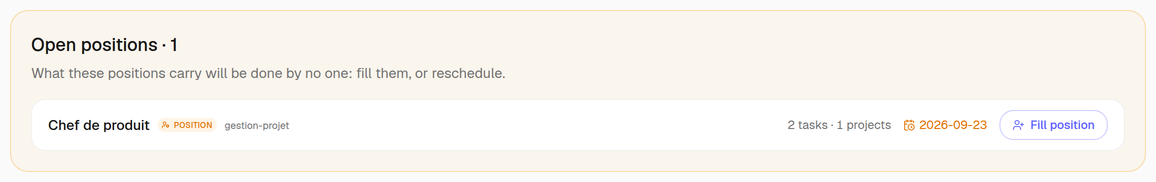 The workspace home “Unfilled positions” section: each position, its first deadline, and the Fill button.