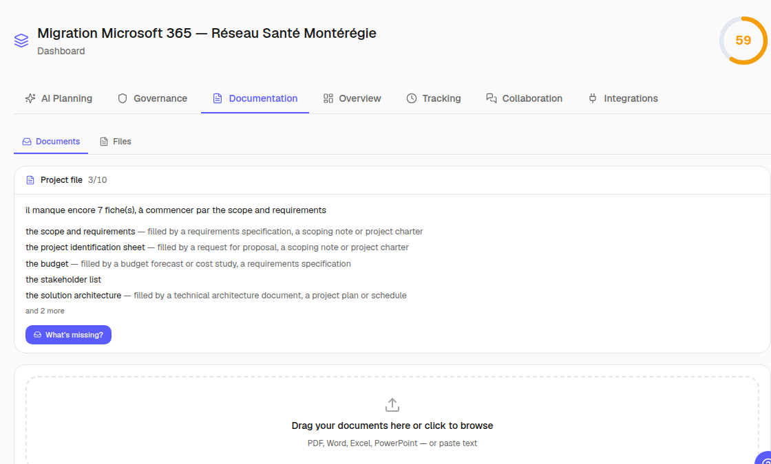 Project Documents page: folder tree, uploaded files and their ingestion status.