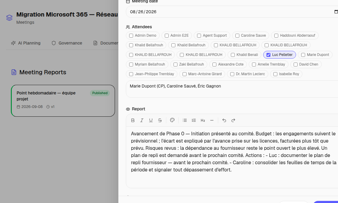 Project Meetings page: list of meetings, attendance and decisions.