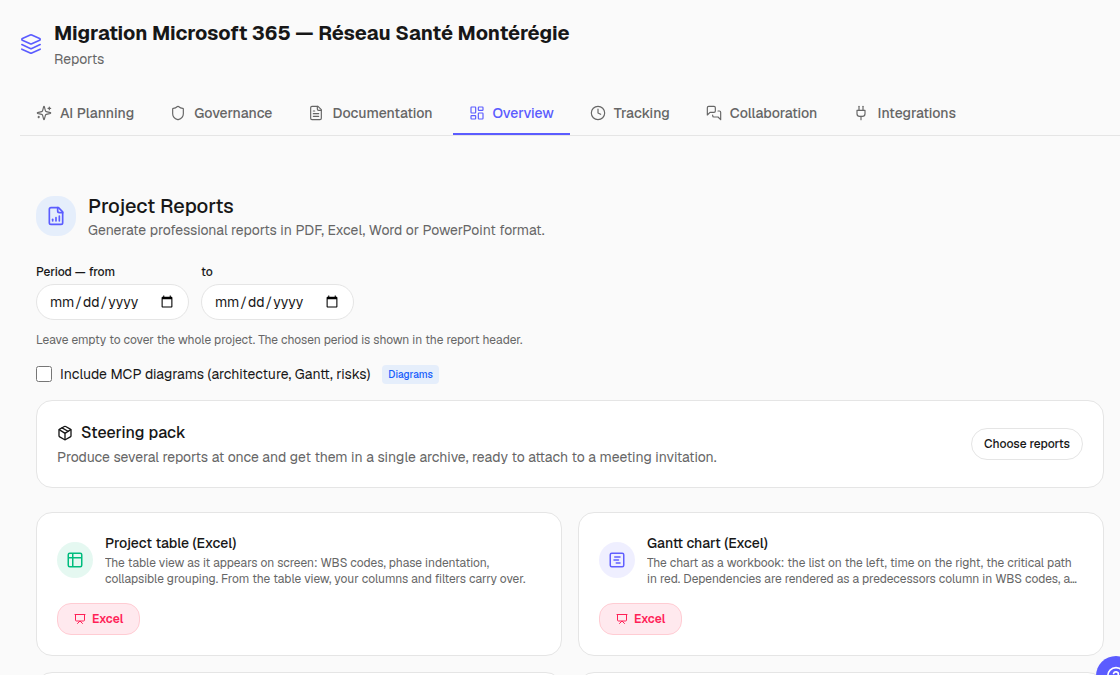 Project Reports page: generated progress report with charts and export.
