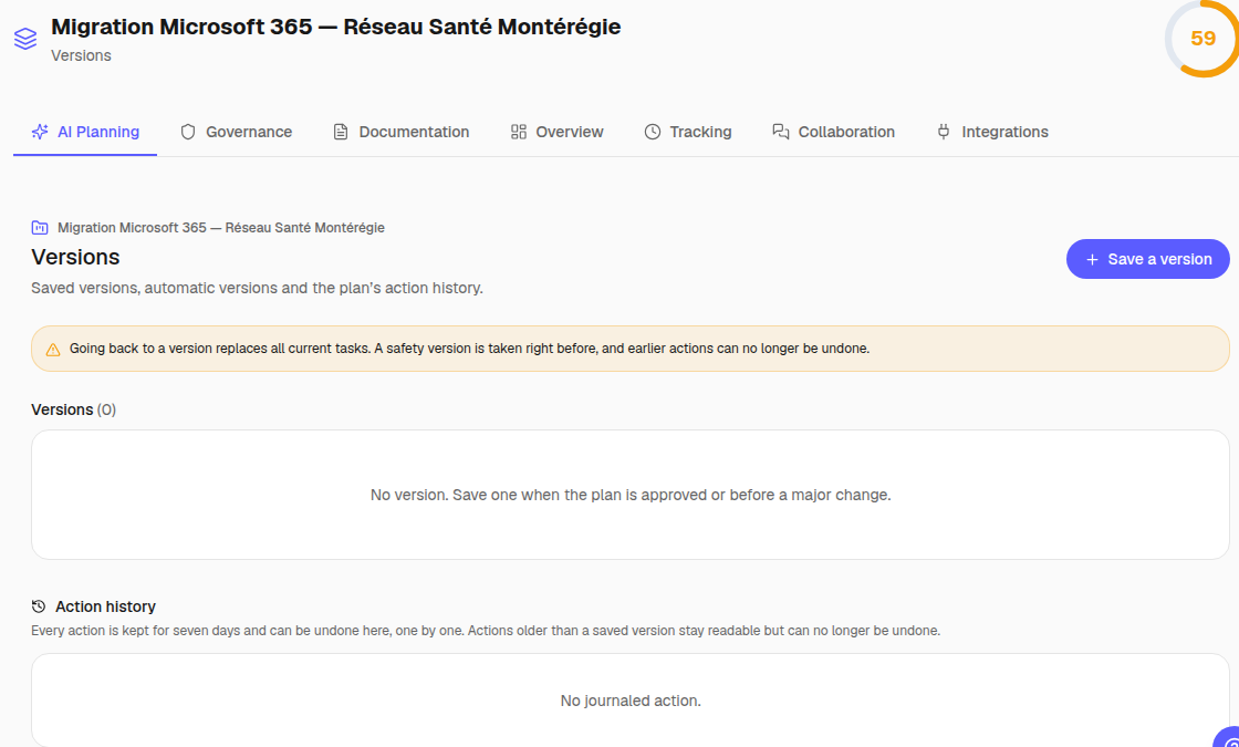 Project Versions page: write history, checkpoints and automatic versions.
